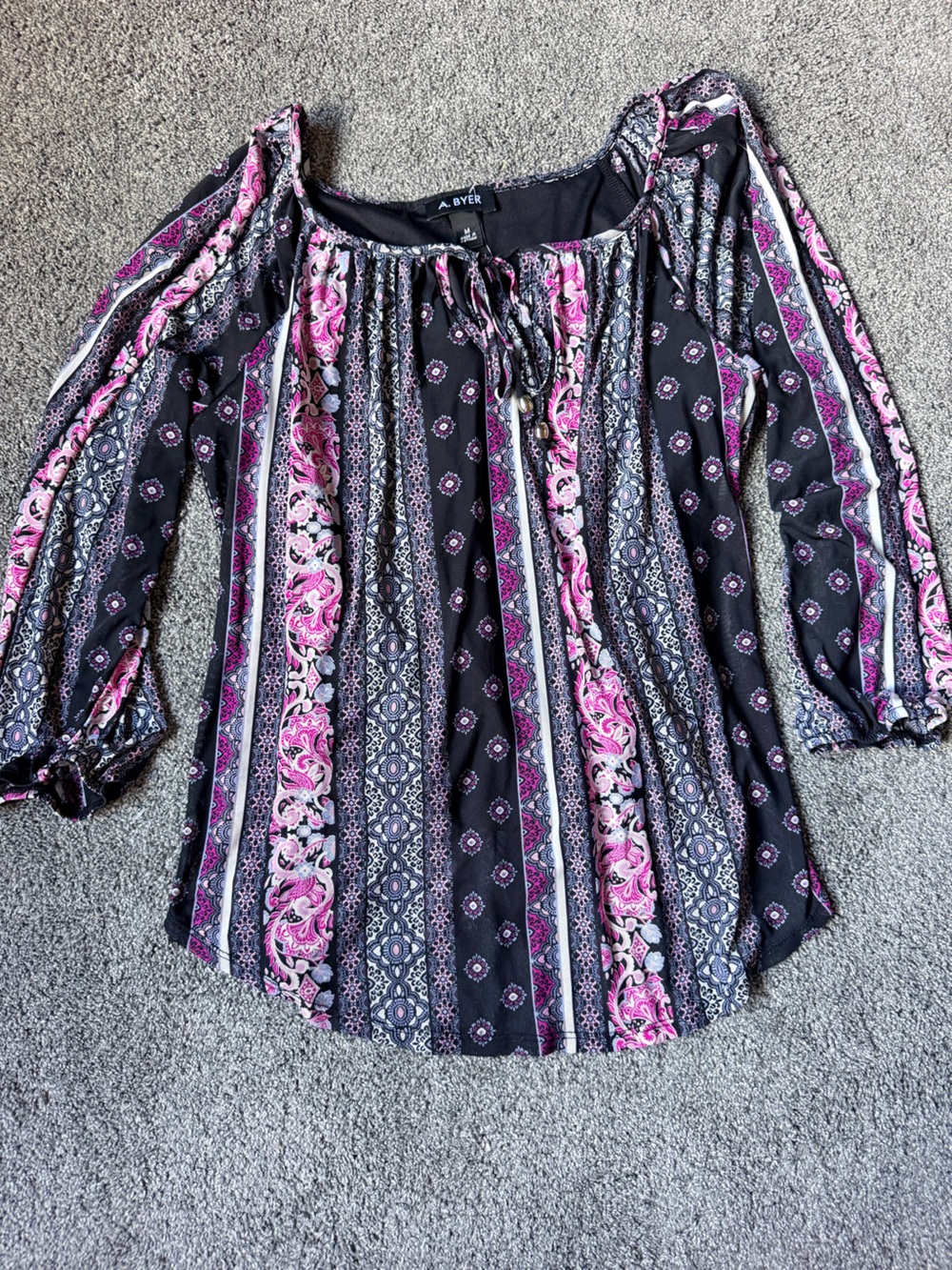 A. Byer Women's Black and Pink Patterned mesh Peasant Top